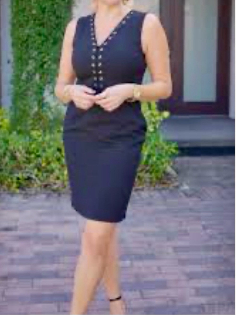 Calvin Klein black dress with lace through gold grommet vneck size 10
